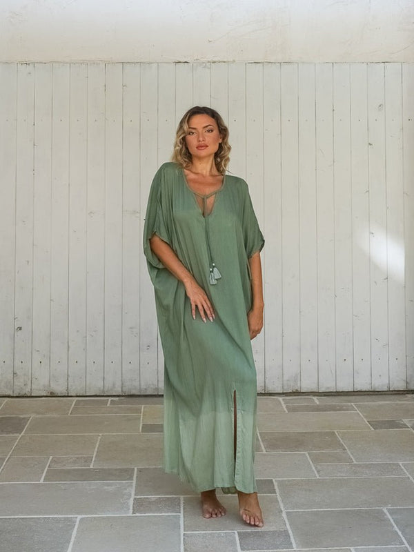 Vestito lungo over rayon con stampa sfumata Betsy - verde - Bijondo