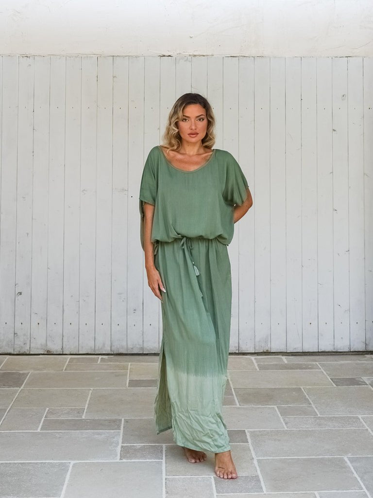 Vestito lungo over rayon stampa sfumata Elvira - verde - Bijondo
