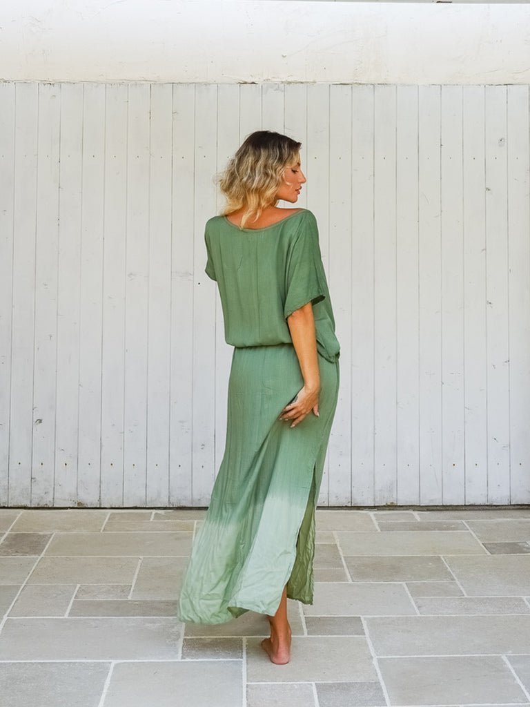 Vestito lungo over rayon stampa sfumata Elvira - verde - Bijondo