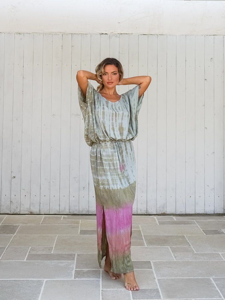 Vestito lungo over rayon stampa sfumata Elvira - rosa - Bijondo