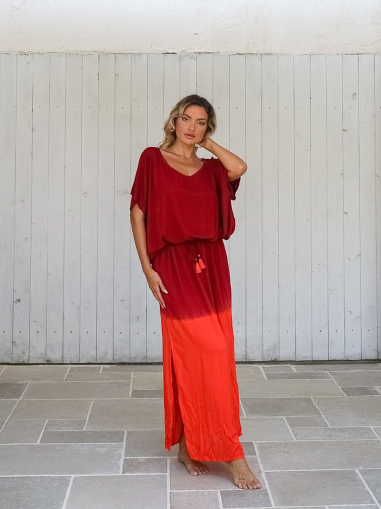 Vestito lungo over rayon stampa sfumata Elvira - rosso - Bijondo