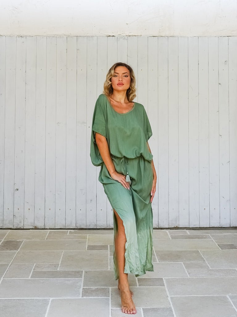 Vestito lungo over rayon stampa sfumata Elvira - verde - Bijondo