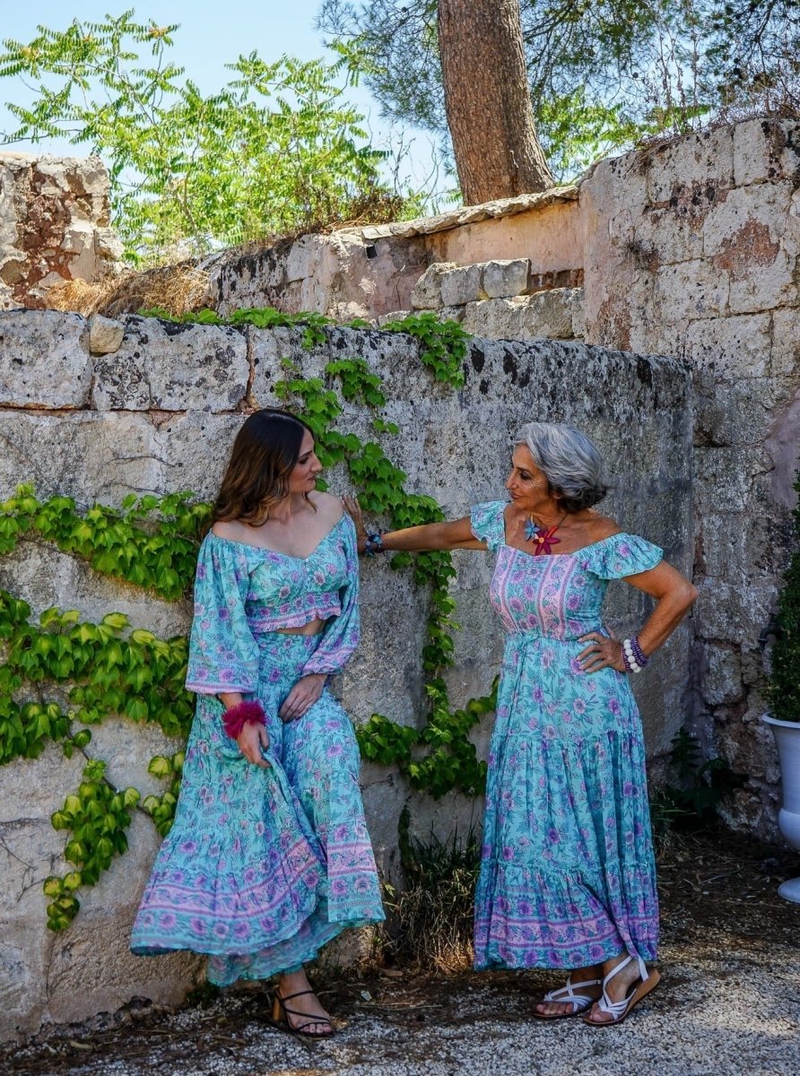 Vestito lungo rayon boho con balza Debora - rosso - Bijondo