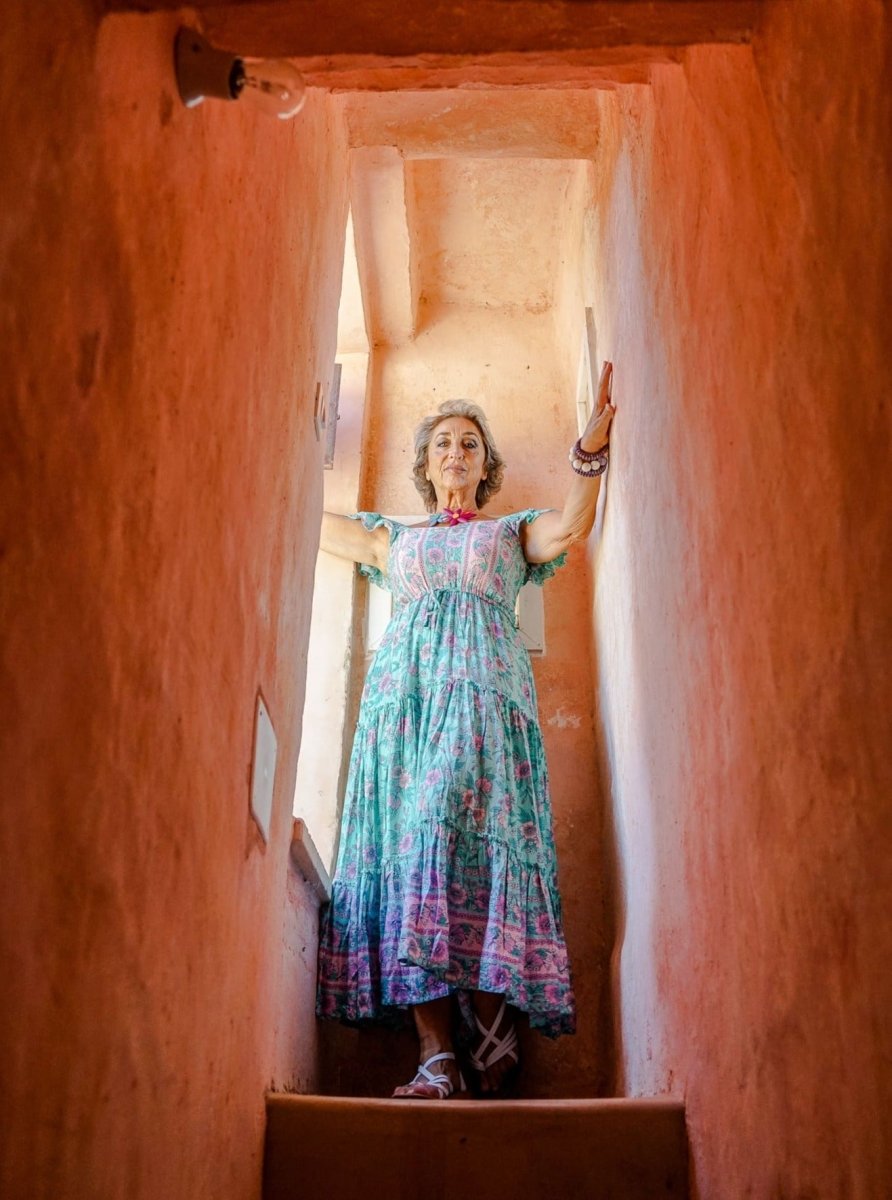 Vestito lungo rayon boho con balza Debora - rosso - Bijondo