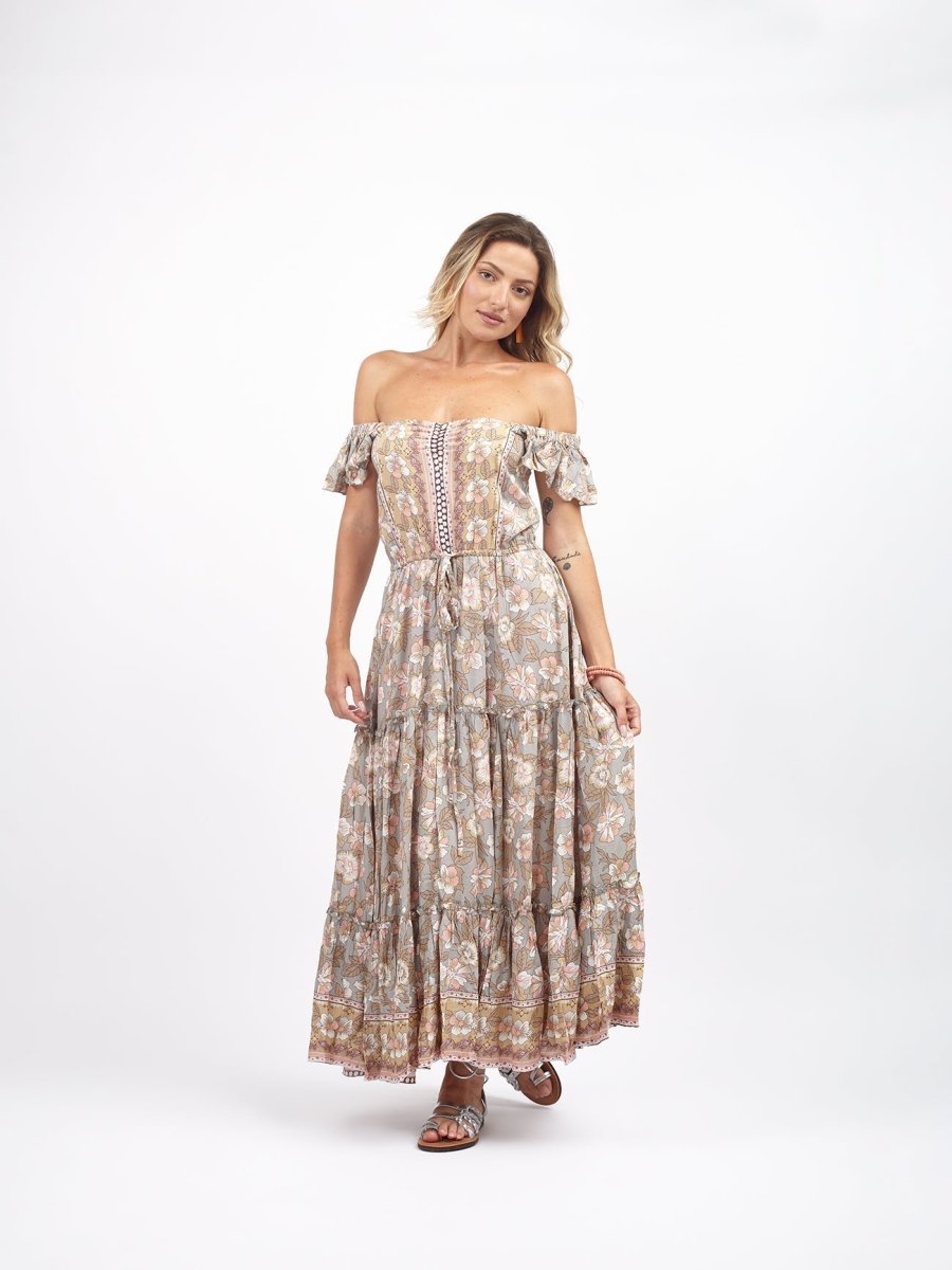 Vestito lungo rayon boho con balza Debora - acquamarina - Bijondo