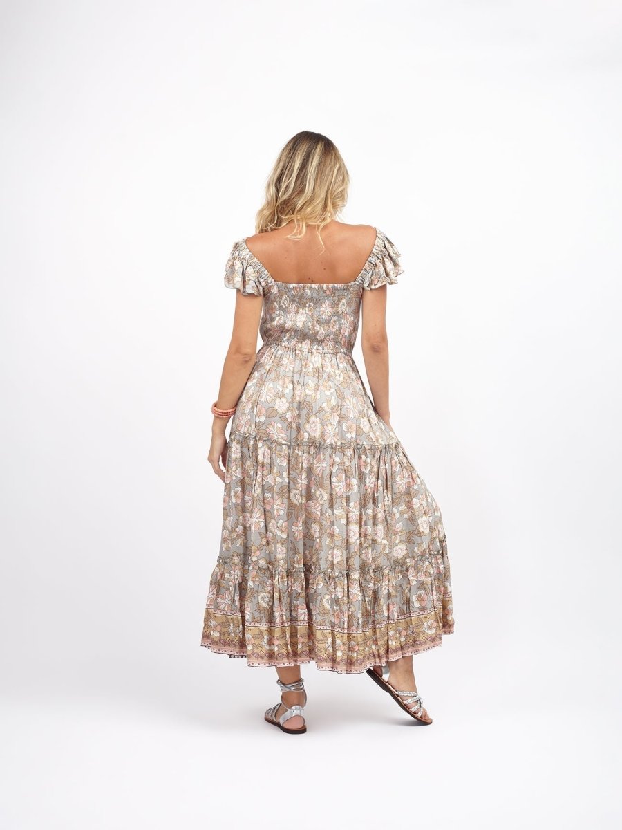 Vestito lungo rayon boho con balza Debora - grigio - Bijondo