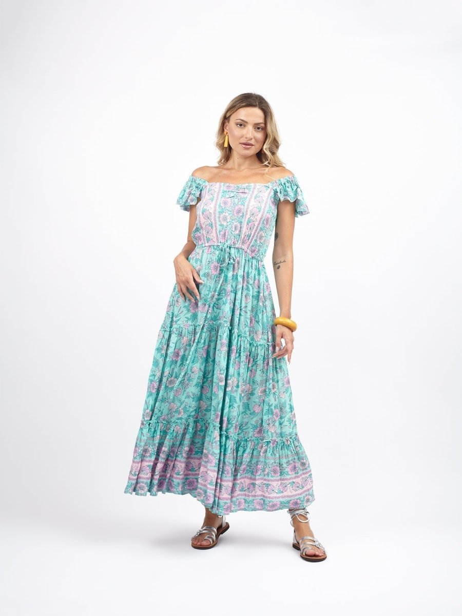 Vestito lungo rayon boho con balza Debora - acquamarina - Bijondo