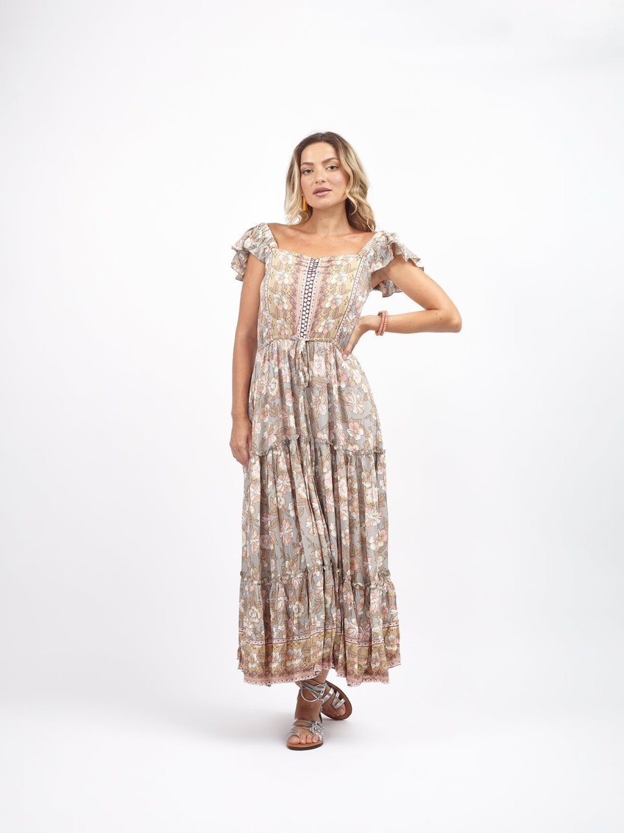 Vestito lungo rayon boho con balza Debora - grigio - Bijondo