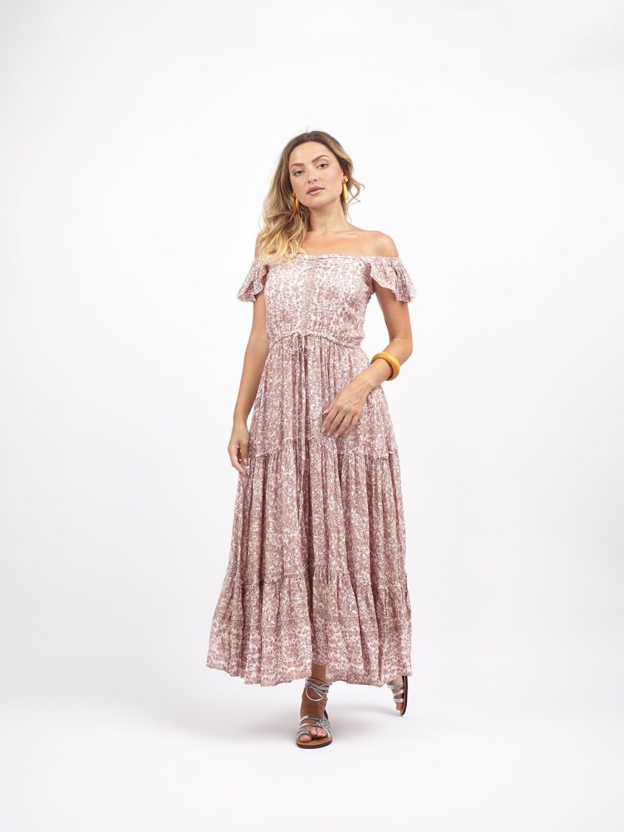 Vestito lungo rayon boho con balza Debora - rosa - Bijondo