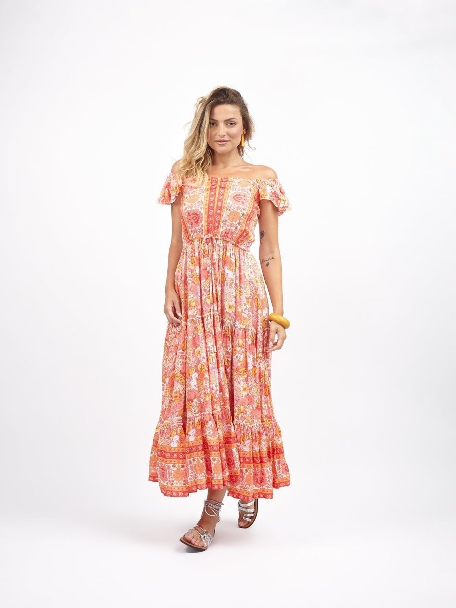 Vestito lungo rayon boho con balza Debora - rosso - Bijondo