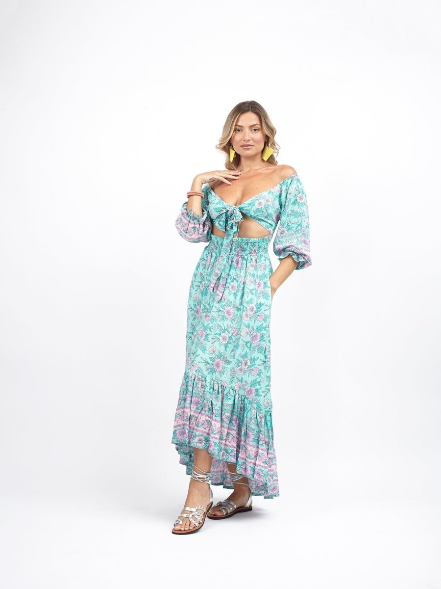 Vestito lungo rayon cut out Liliana - acquamarina - Bijondo