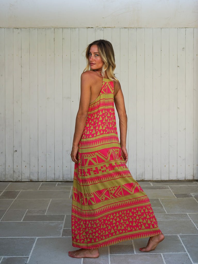 Vestito lungo rayon scollo halter quadrato Sveva - fucsia - Bijondo