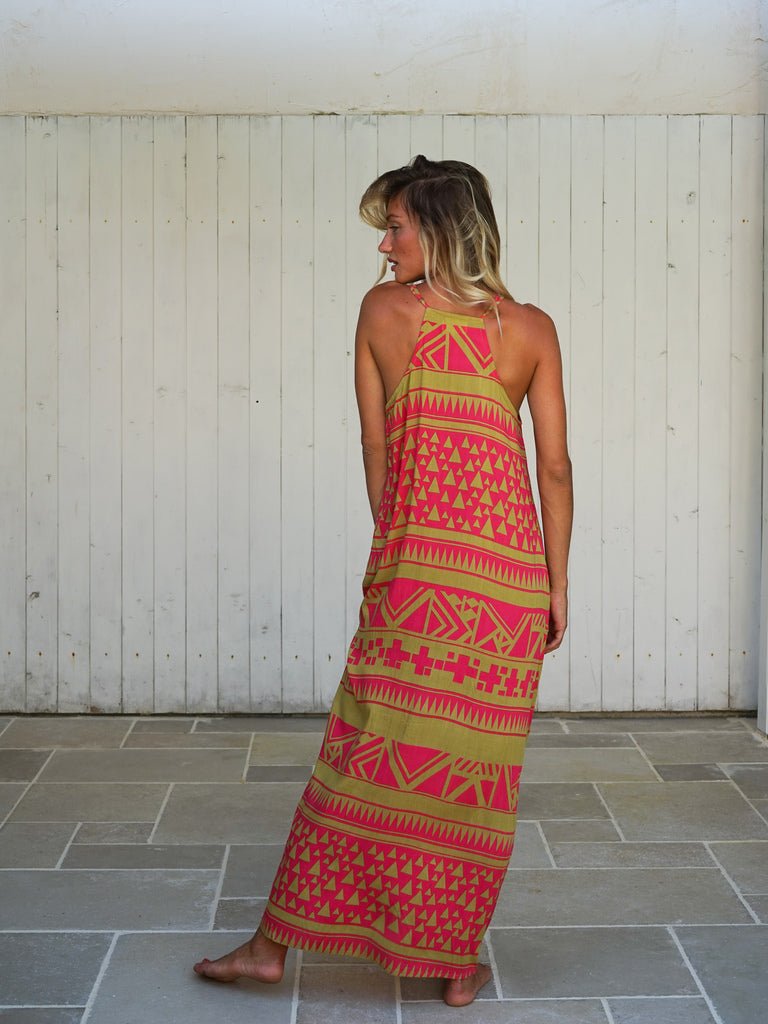 Vestito lungo rayon scollo halter quadrato Sveva - fucsia - Bijondo