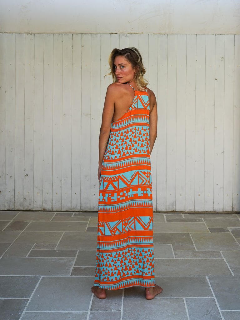 Vestito lungo rayon scollo halter quadrato Sveva - arancione - Bijondo