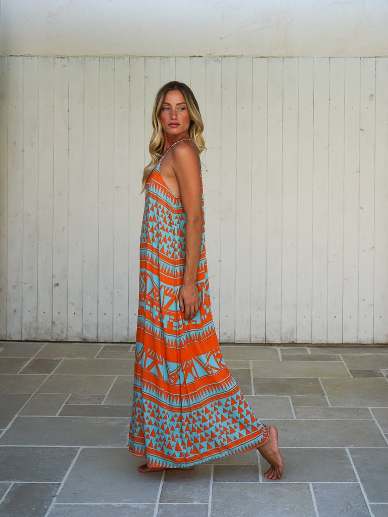 Vestito lungo rayon scollo halter quadrato Sveva - arancione - Bijondo