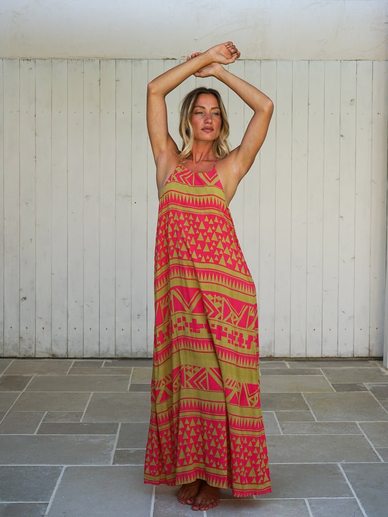 Vestito lungo rayon scollo halter quadrato Sveva - fucsia - Bijondo