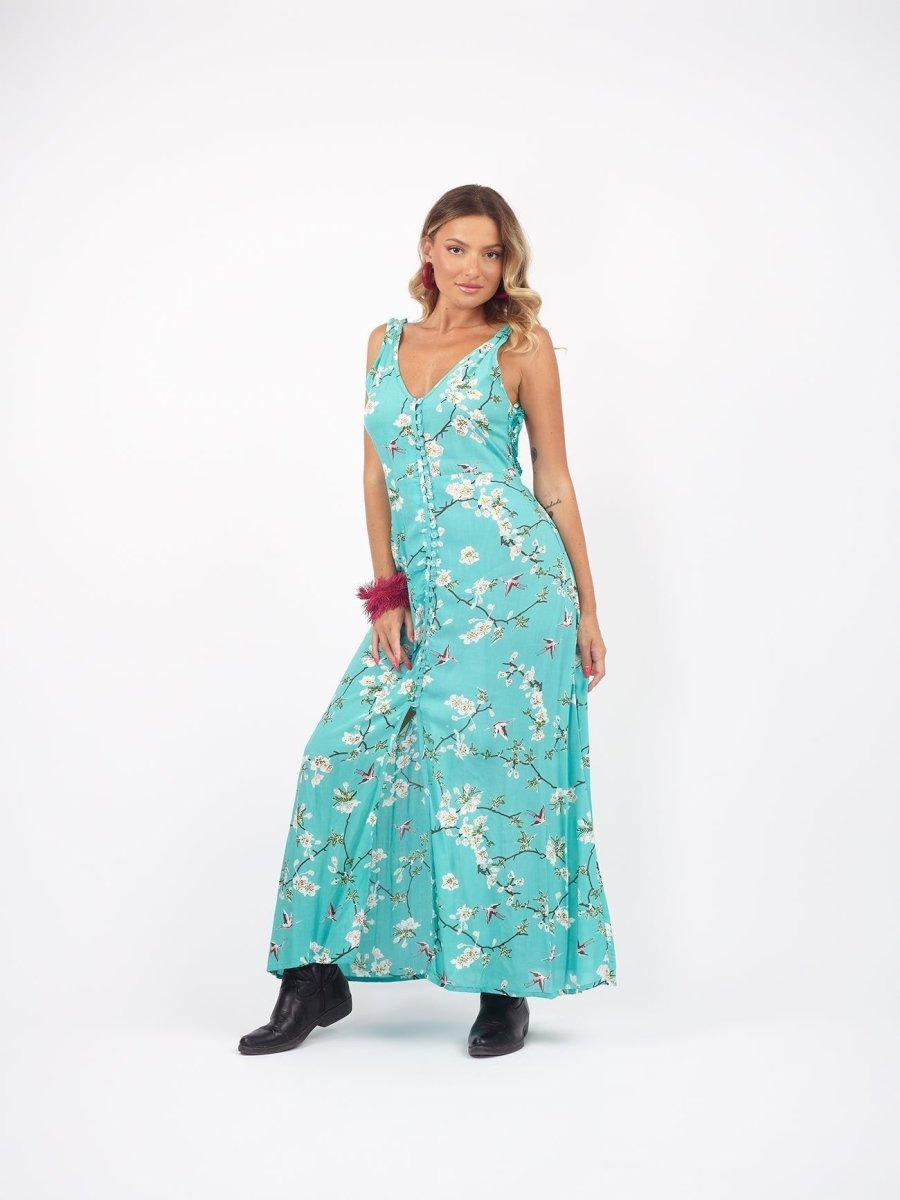 Vestito lungo schiena scoperta rayon Annika - turchese - Bijondo