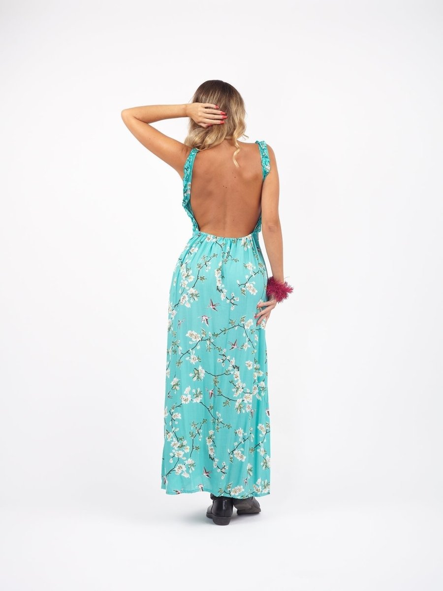 Vestito lungo schiena scoperta rayon Annika - turchese - Bijondo
