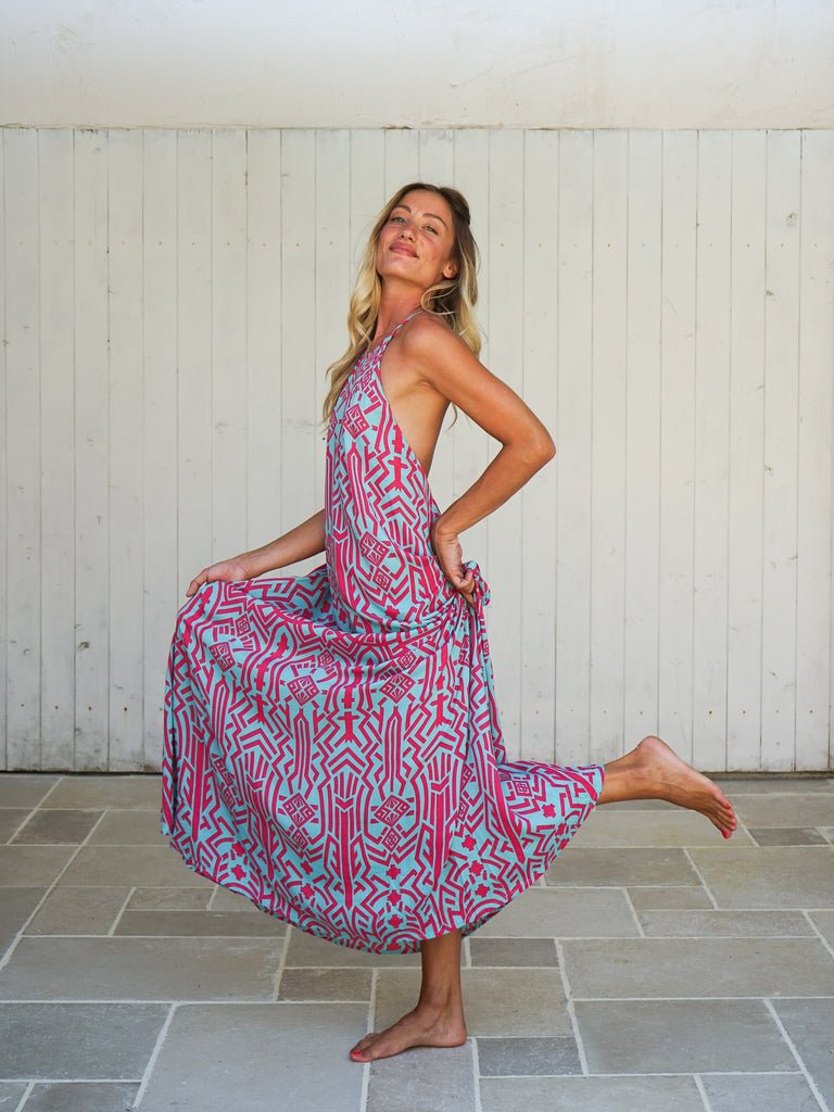 Vestito lungo schiena scoperta rayon Tilde - azzurro - Bijondo