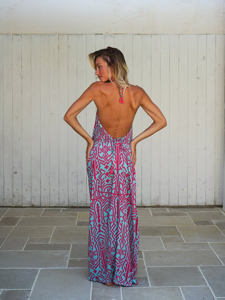 Vestito lungo schiena scoperta rayon Tilde - azzurro - Bijondo