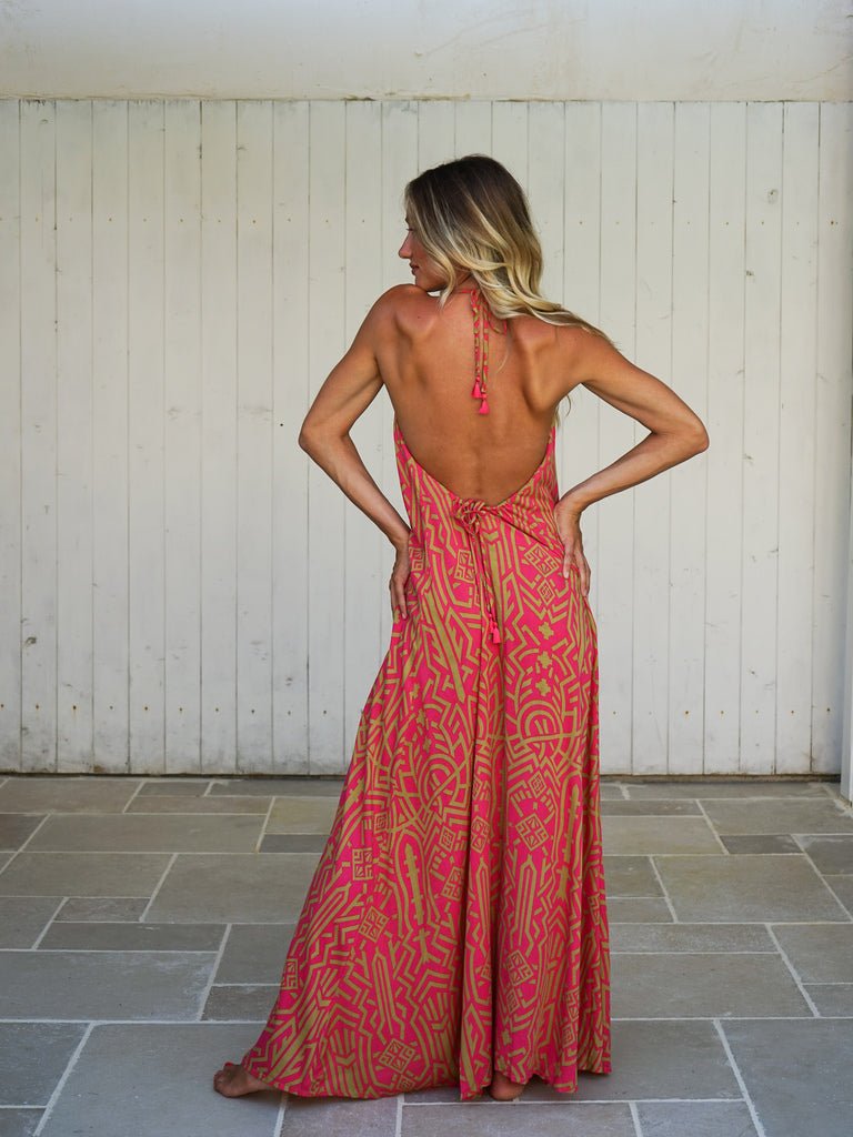 Vestito lungo schiena scoperta rayon Tilde - fucsia - Bijondo