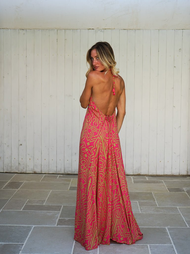 Vestito lungo schiena scoperta rayon Tilde - fucsia - Bijondo