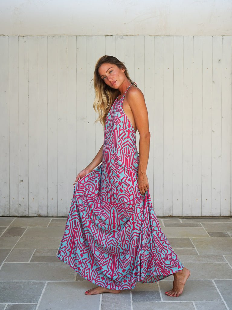 Vestito lungo schiena scoperta rayon Tilde - azzurro - Bijondo