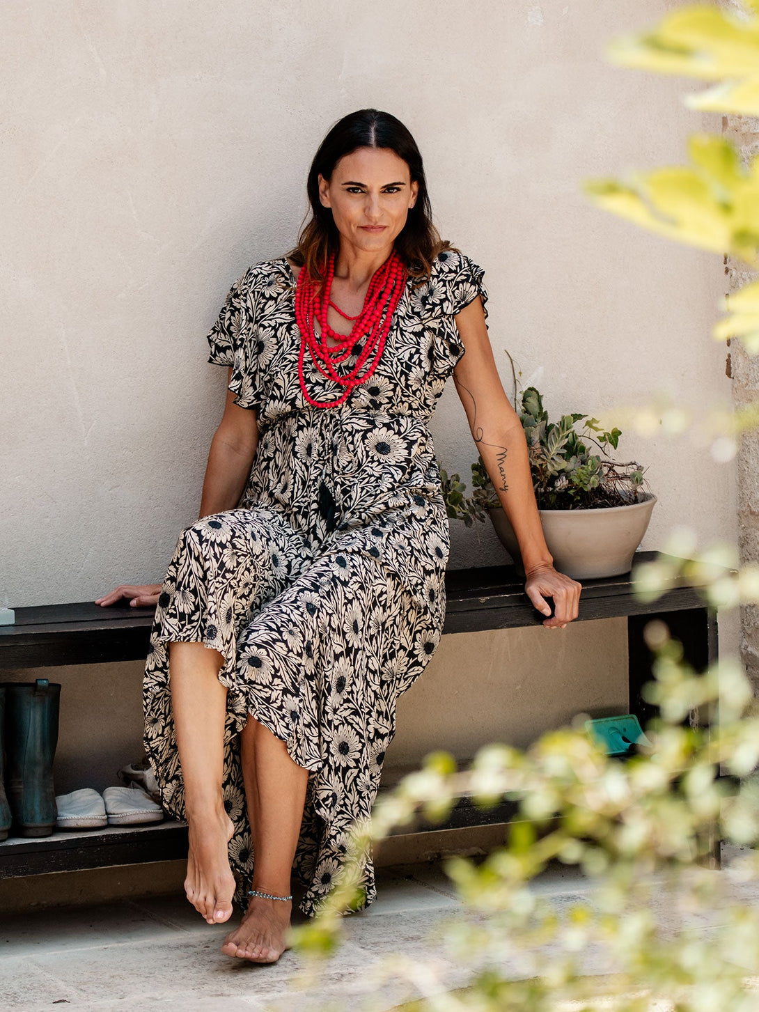 Vestito lungo scollo V manica corta seta Margherite-blu-S-M-Bijondo