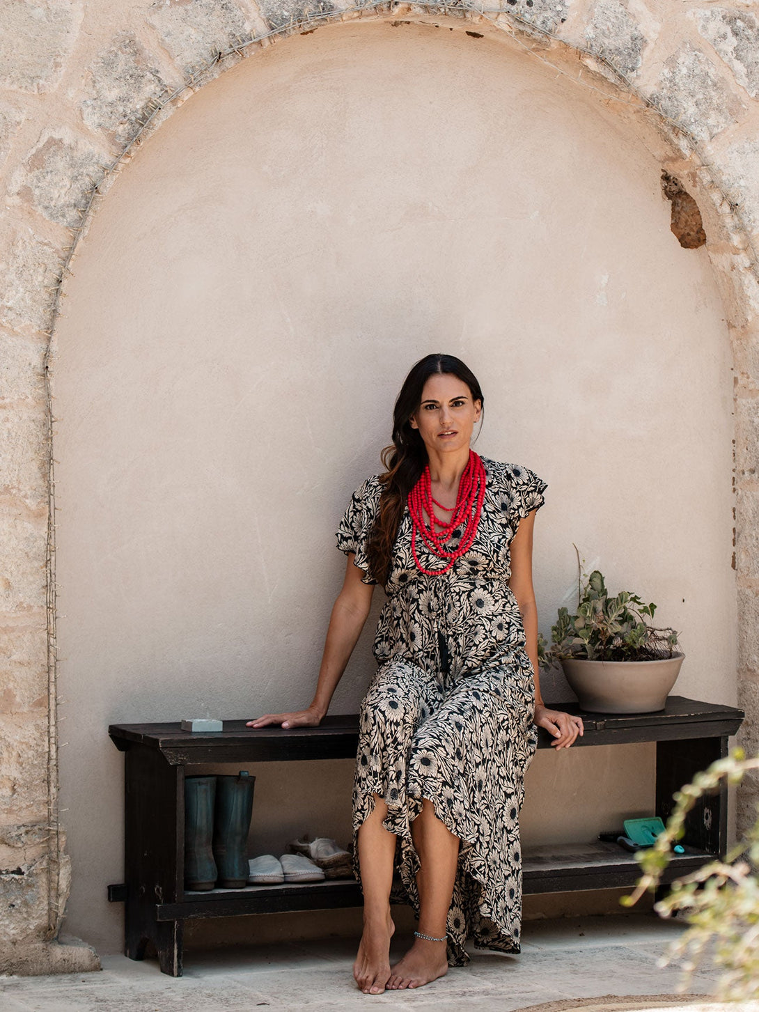 Vestito lungo scollo V manica corta seta Margherite-blu-S-M-Bijondo