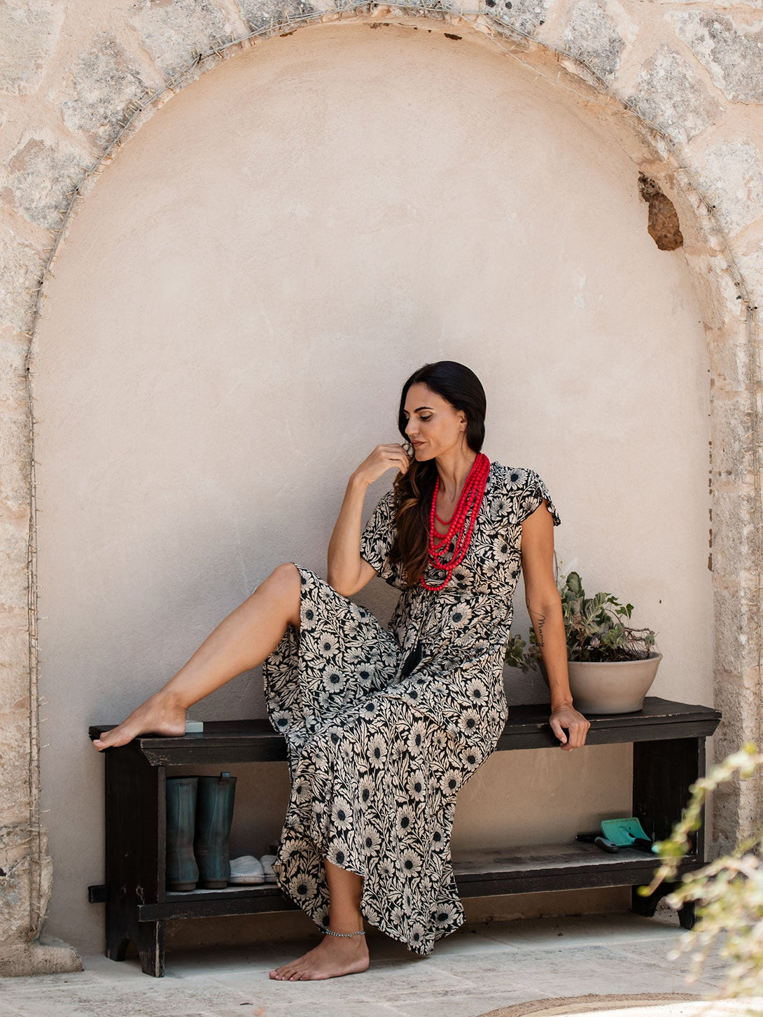 Vestito lungo scollo V manica corta seta Margherite-blu-S-M-Bijondo