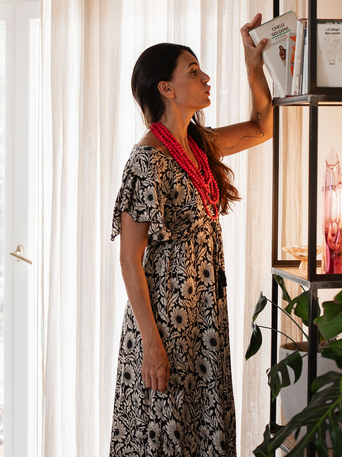 Vestito lungo scollo V manica corta seta Margherite-blu-S-M-Bijondo