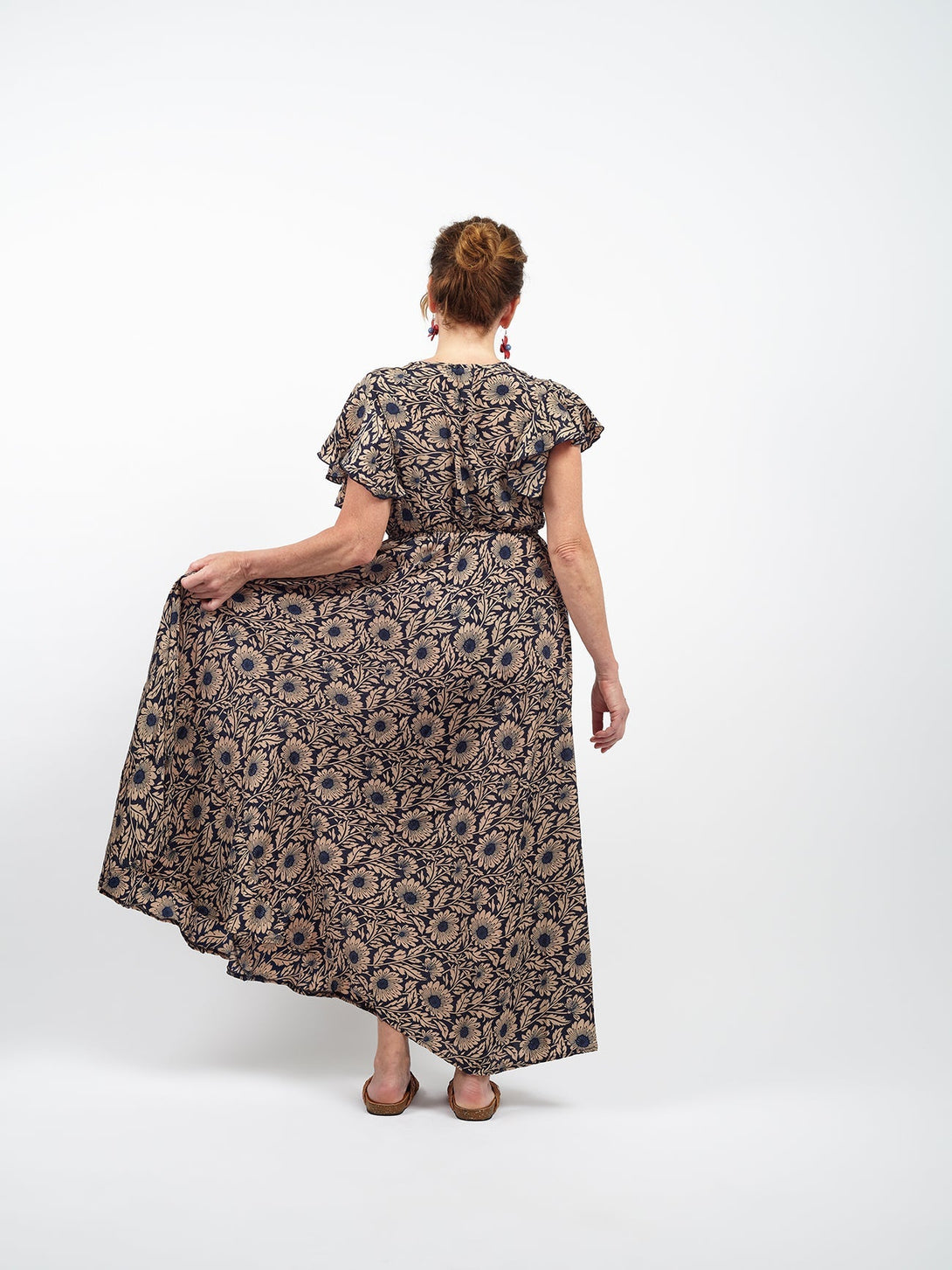 Vestito lungo scollo V manica corta seta Margherite-blu-S-M-Bijondo