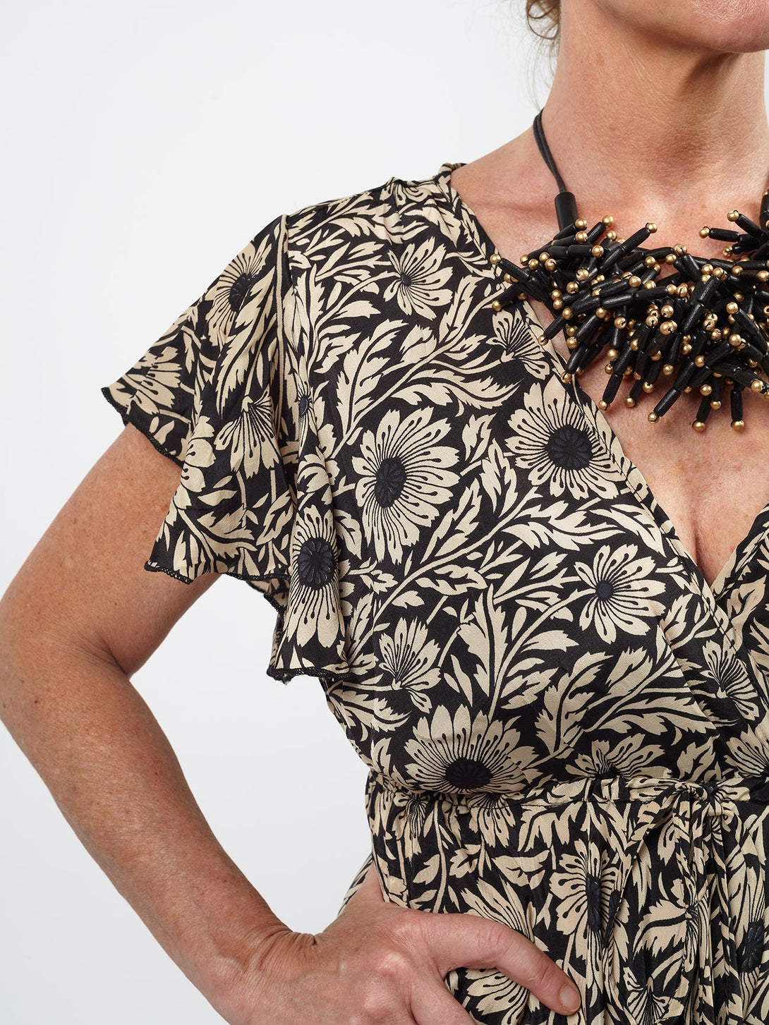 Vestito lungo scollo V manica corta seta Margherite-blu-S-M-Bijondo