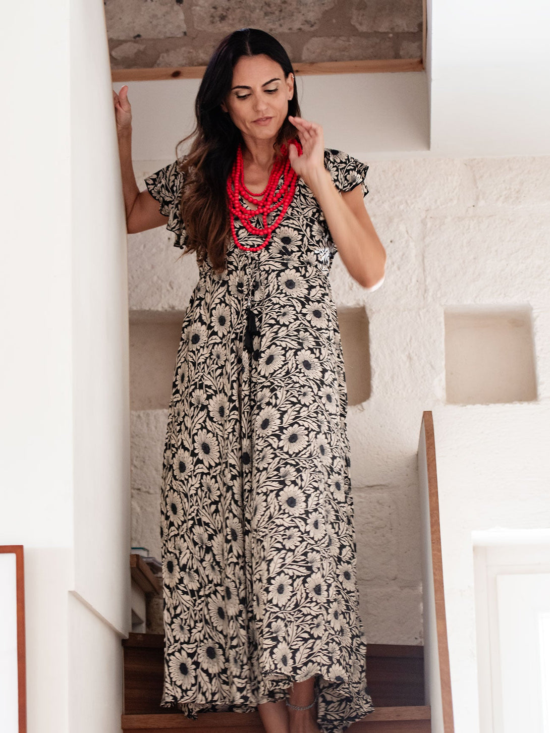 Vestito lungo scollo V manica corta seta Margherite-blu-S-M-Bijondo