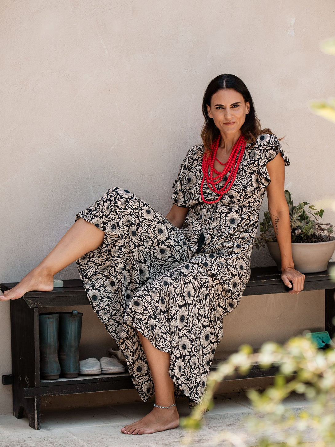 Vestito lungo scollo V manica corta seta Margherite-blu-S-M-Bijondo