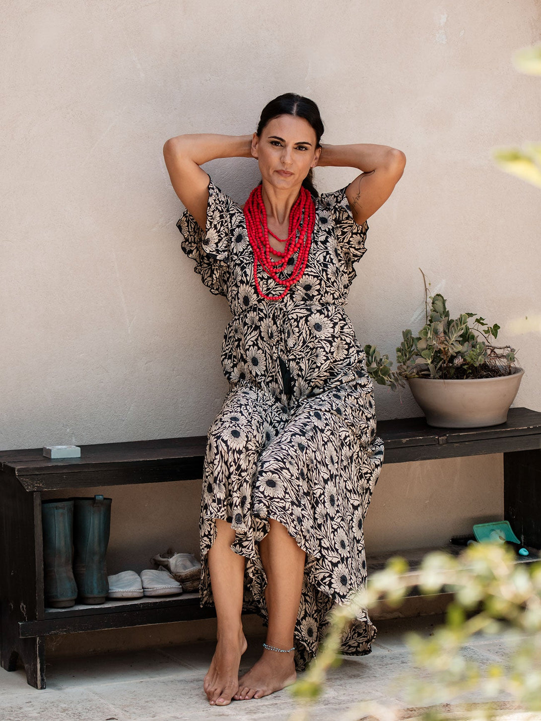 Vestito lungo scollo V manica corta seta Margherite-blu-S-M-Bijondo