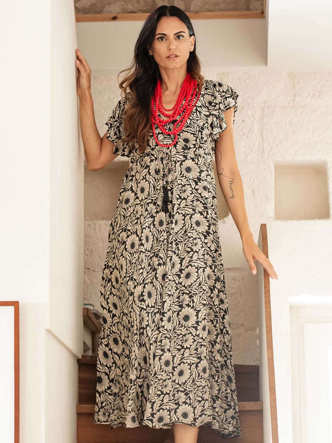 Vestito lungo scollo V manica corta seta Margherite-blu-S-M-Bijondo