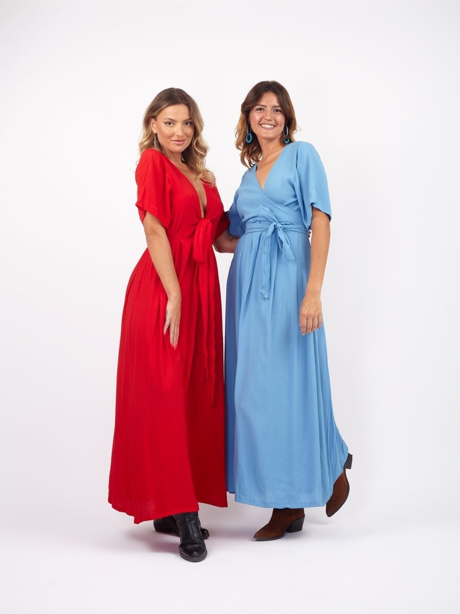 Vestito lungo scollo modellabile con fusciacca Kris - rosso - Bijondo