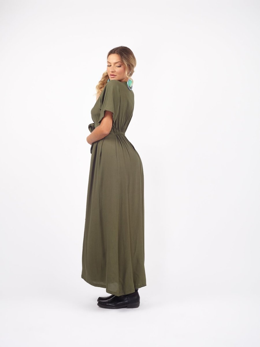 Vestito lungo scollo modellabile con fusciacca Kris - verde - Bijondo