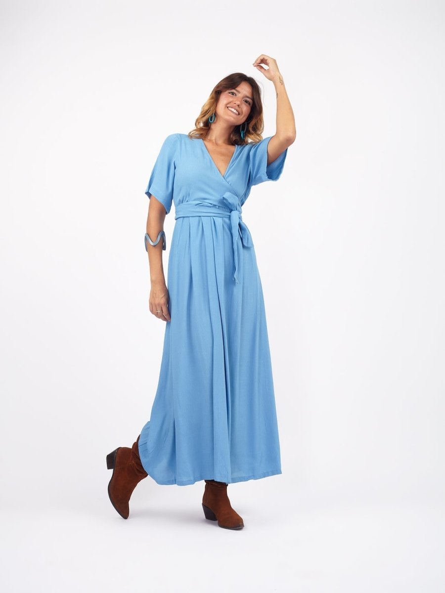 Vestito lungo scollo modellabile con fusciacca Kris - azzurro - Bijondo