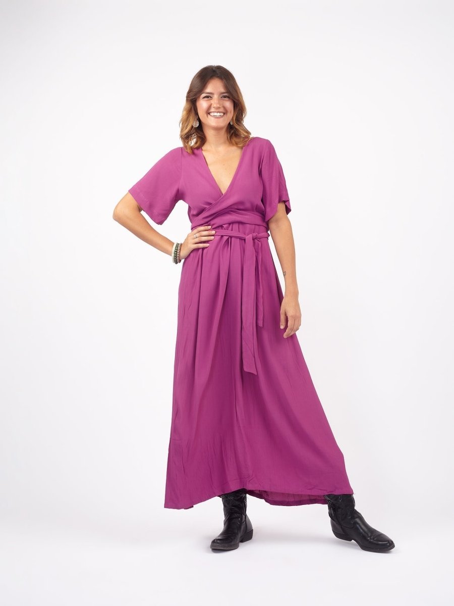 Vestito lungo scollo modellabile con fusciacca Kris - magenta - Bijondo