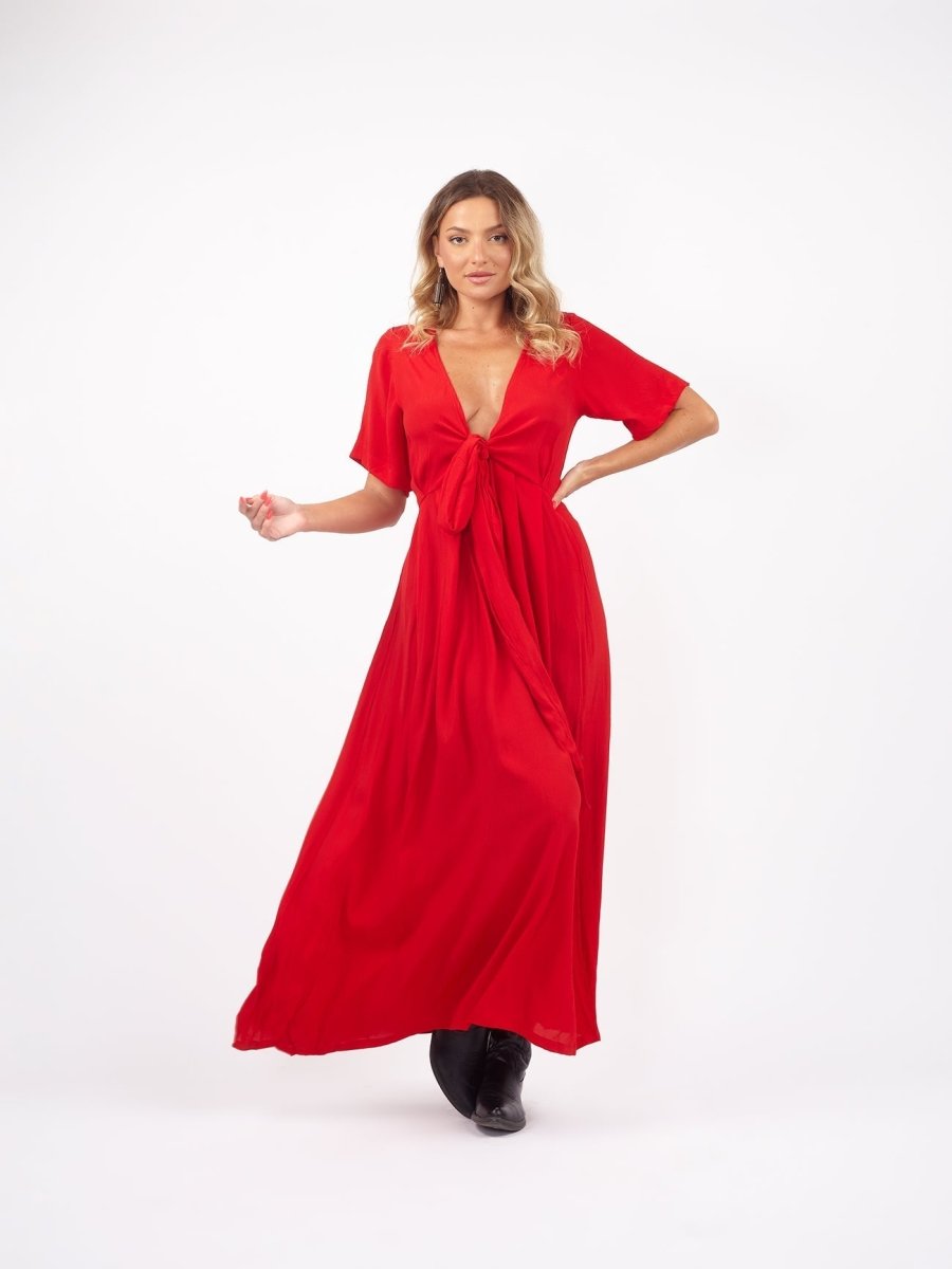 Vestito lungo scollo modellabile con fusciacca Kris - rosso - Bijondo