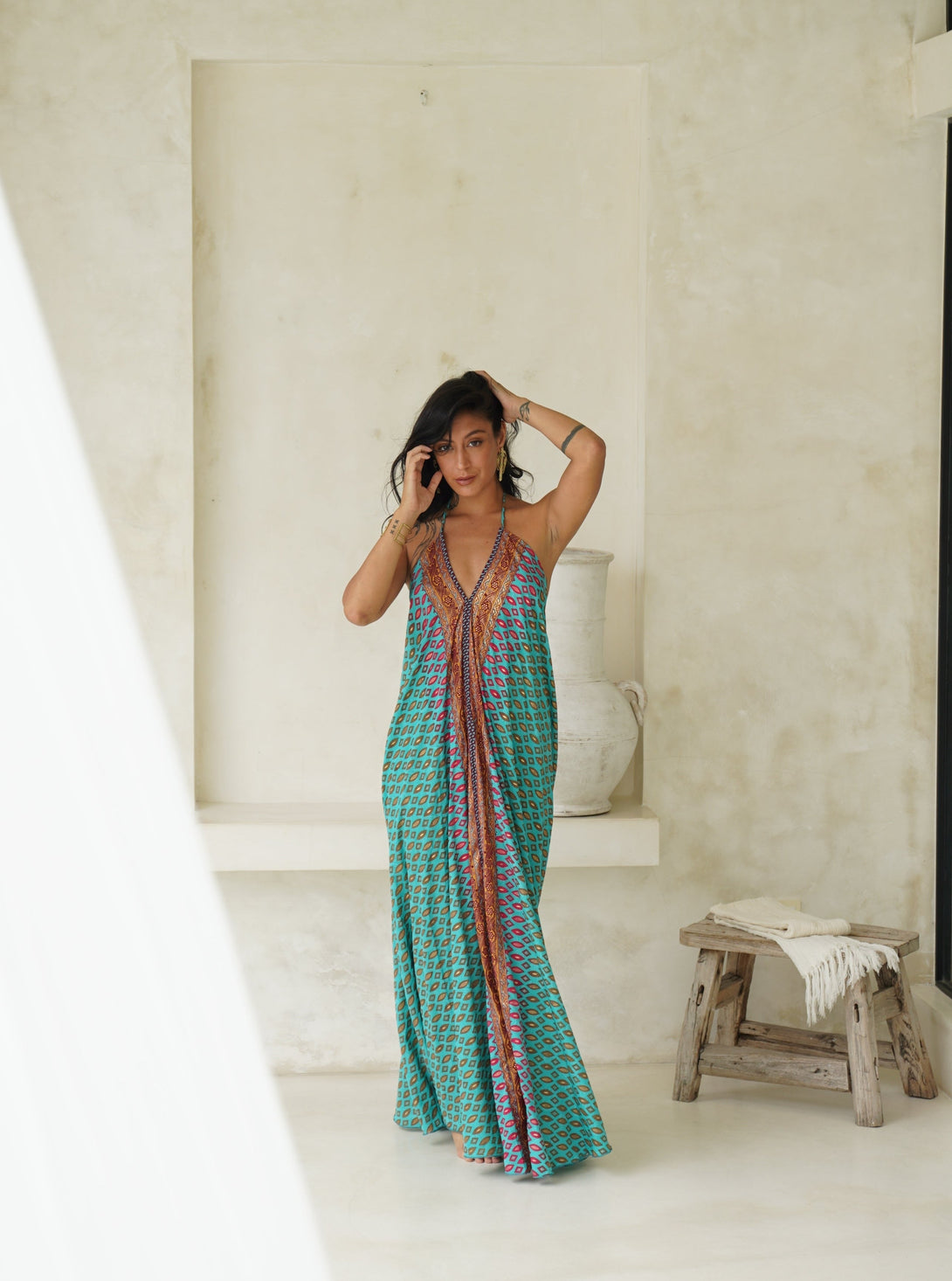 Vestito lungo seta fascia oro Cleopatra-rosso-Bijondo