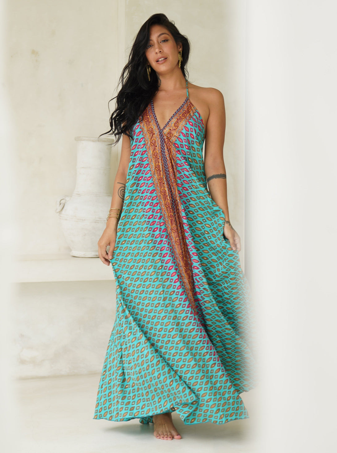 Vestito lungo seta fascia oro Cleopatra-rosso-Bijondo