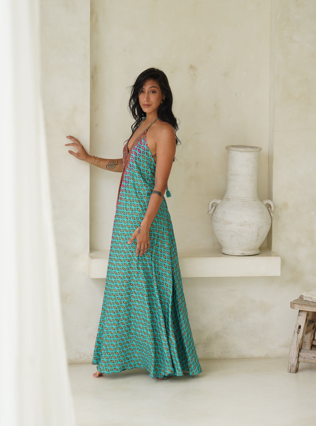 Vestito lungo seta fascia oro Cleopatra-rosso-Bijondo