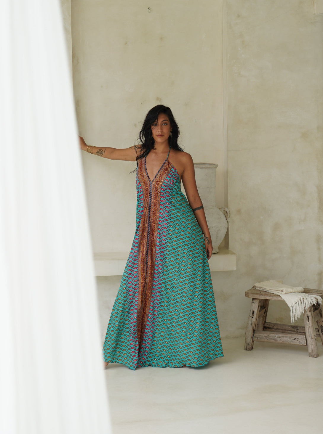 Vestito lungo seta fascia oro Cleopatra-rosso-Bijondo