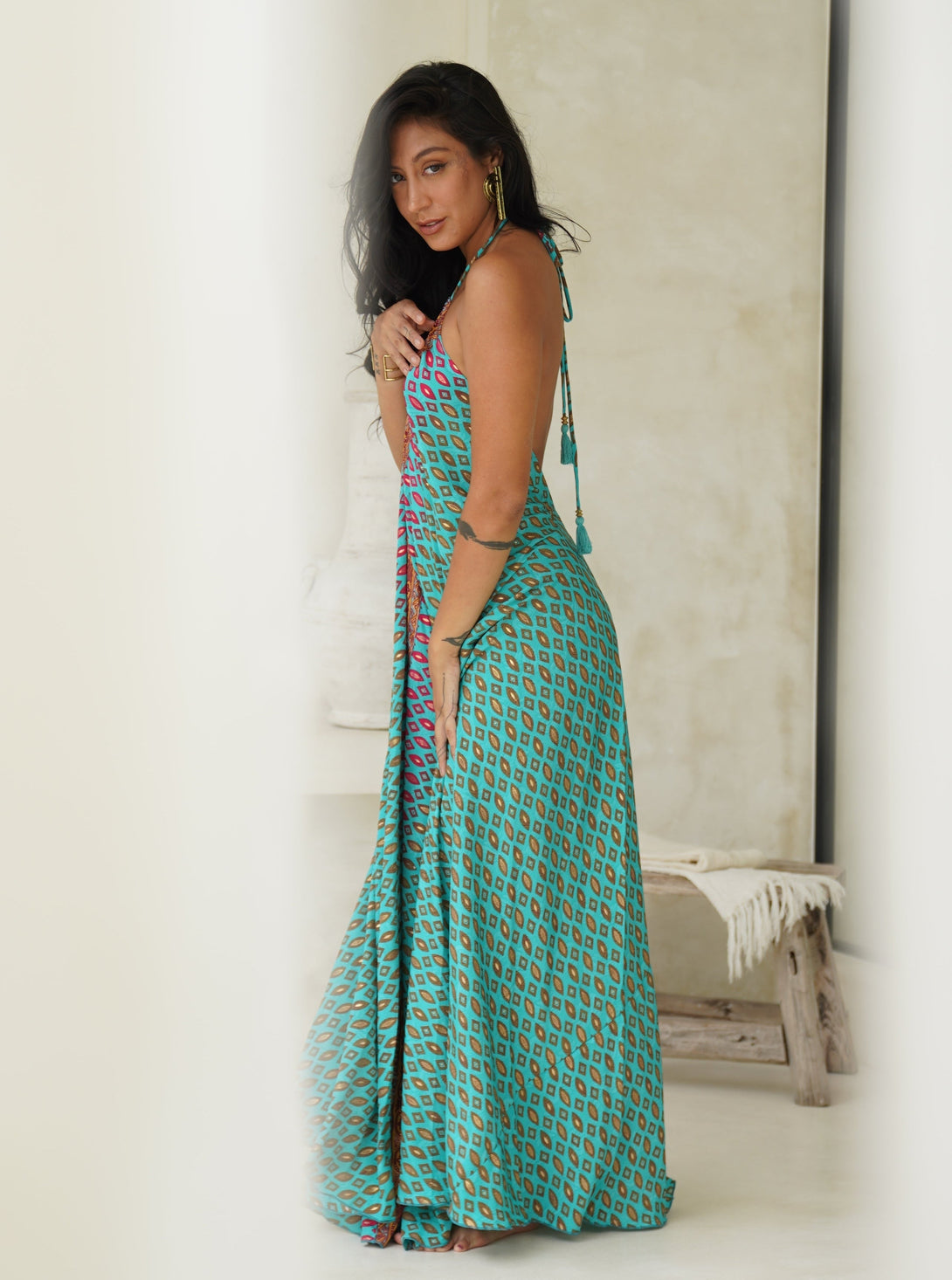 Vestito lungo seta fascia oro Cleopatra-rosso-Bijondo