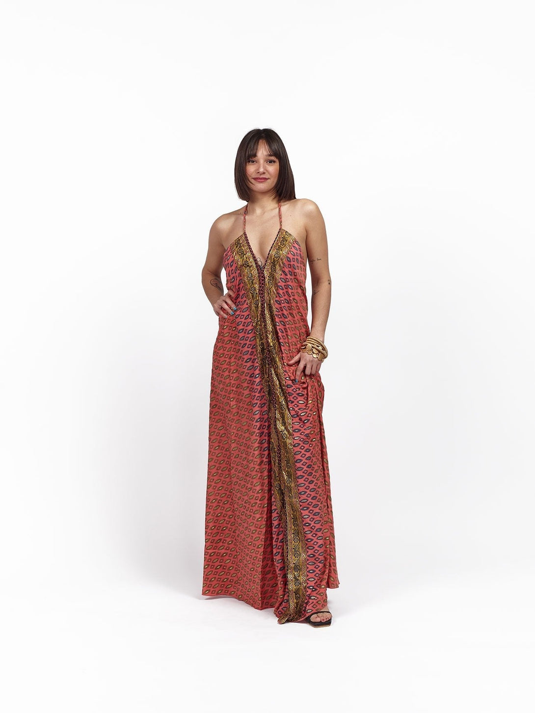 Vestito lungo seta fascia oro Cleopatra - rosso - Bijondo