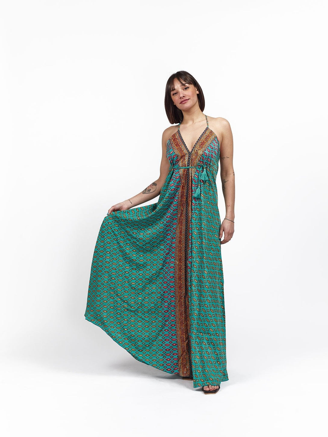 Vestito lungo seta fascia oro Cleopatra - smeraldo - Bijondo