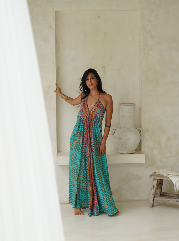 Vestito lungo seta fascia oro Cleopatra-rosso-Bijondo